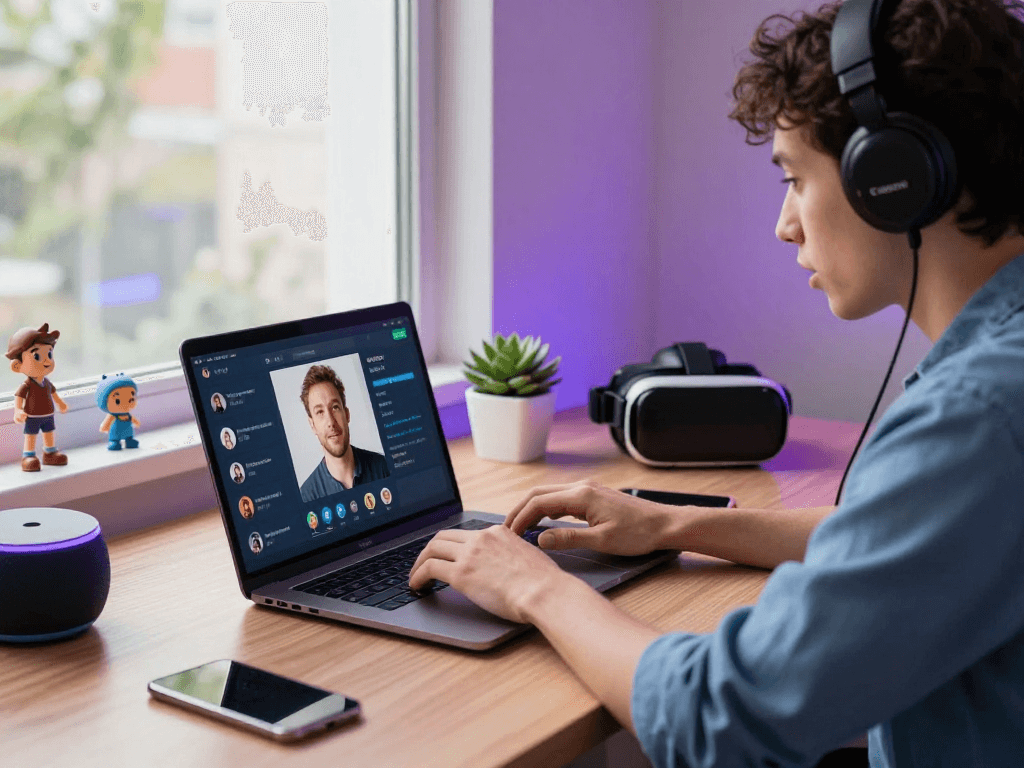 An engaging virtual chat scene showcasing ai sex chat interaction on a sleek laptop in a modern workspace with vibrant decor elements.