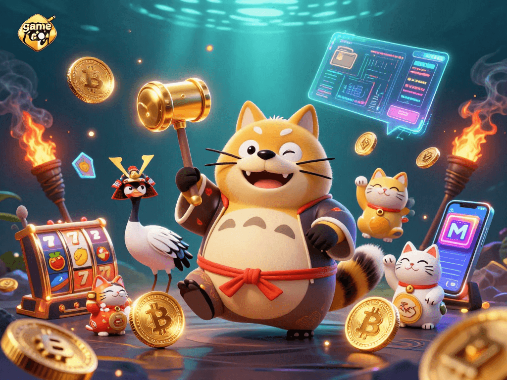 Engage with game bài excitement in this vibrant 3D casino scene featuring cheerful characters and crypto elements.