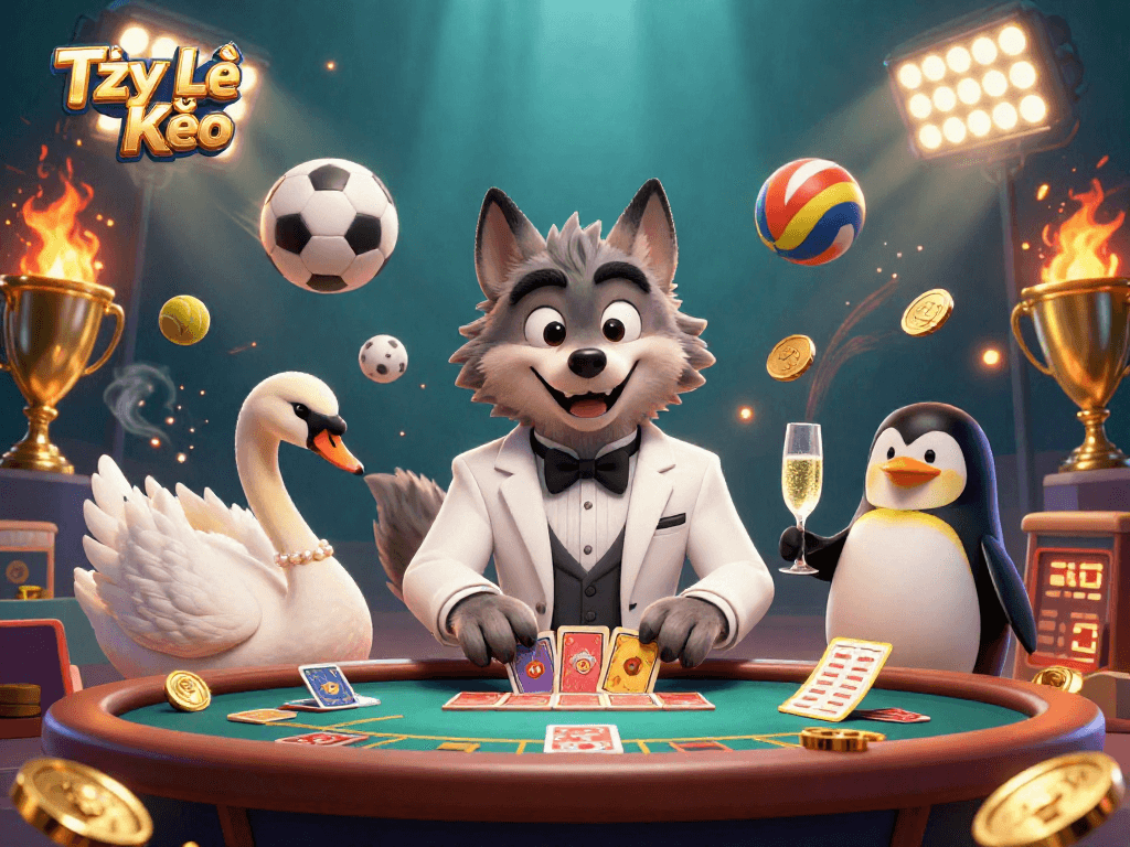 Tỷ Lệ Kèo showcases a debonair wolf and elegant swan at the baccarat table surrounded by dynamic sports elements