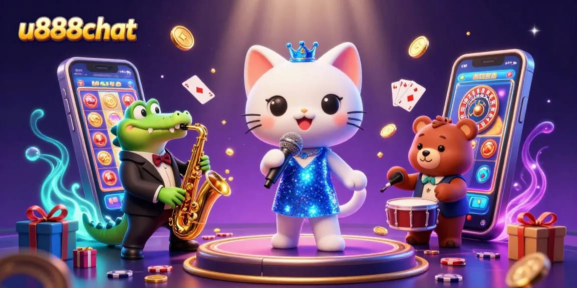 Engage with u888chat through a lively casino scene showcasing vibrant characters and thrilling gaming elements.