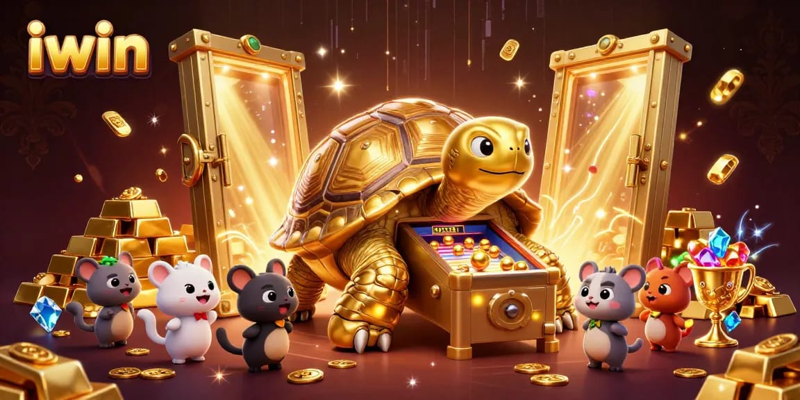 Experience thrilling gameplay at iwin with a colossal tortoise pinball machine amidst treasures.