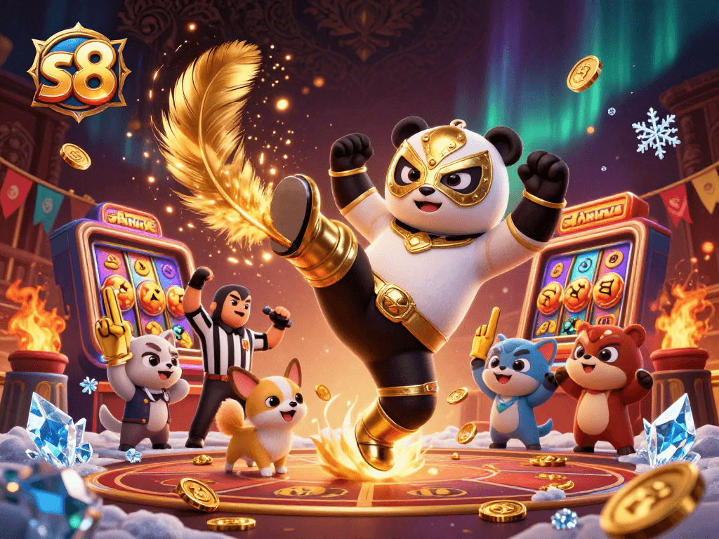 S8 online casino features dynamic slots and excited panda wrestler amid sparkling coins