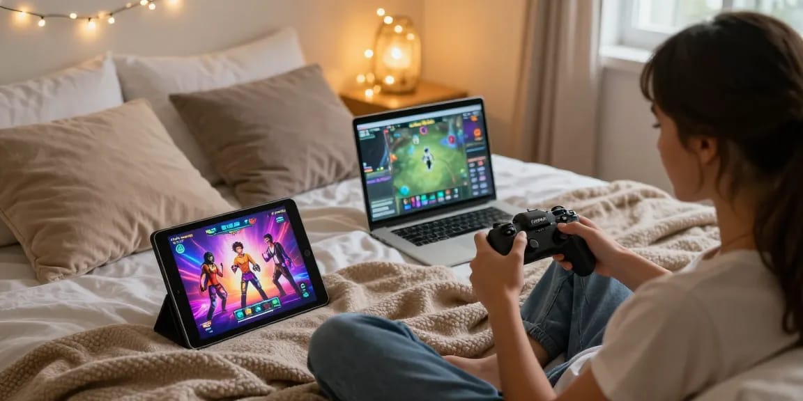 Couple enjoying online porn games in a cozy bedroom setting.