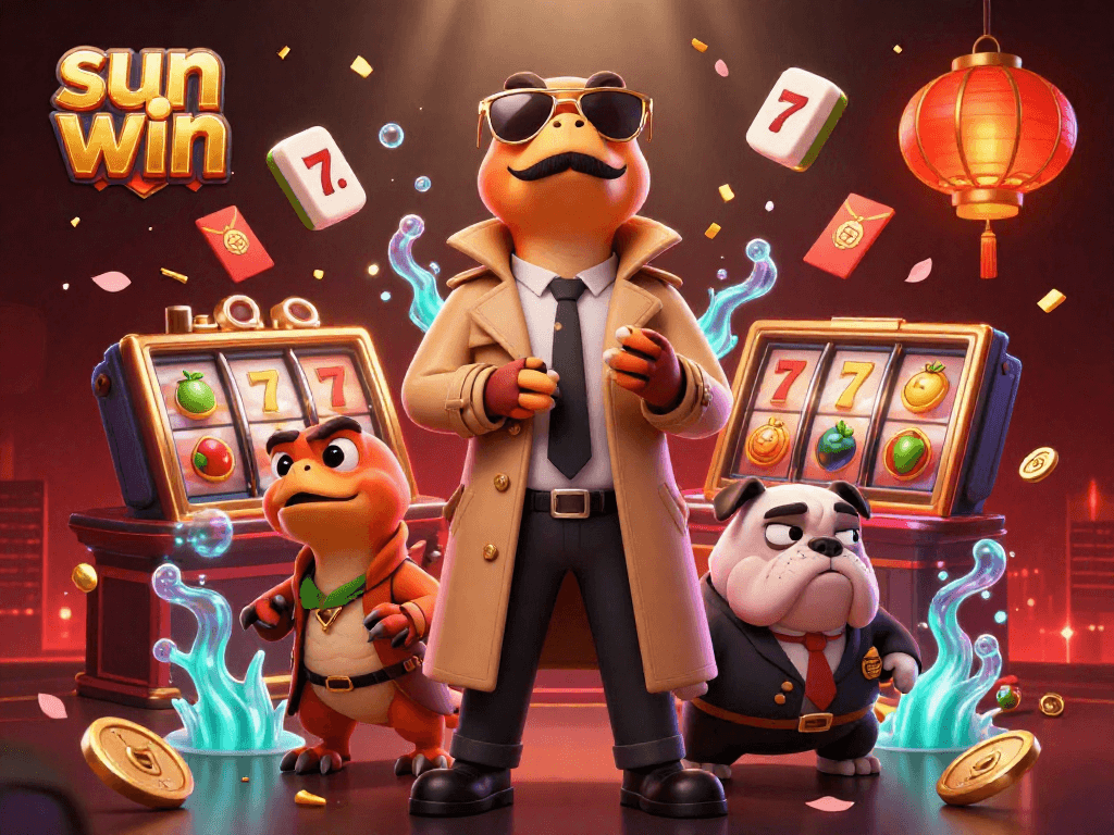 Engage with sun win's vibrant casino world featuring raptors and a bouncer in a comedic scene.
