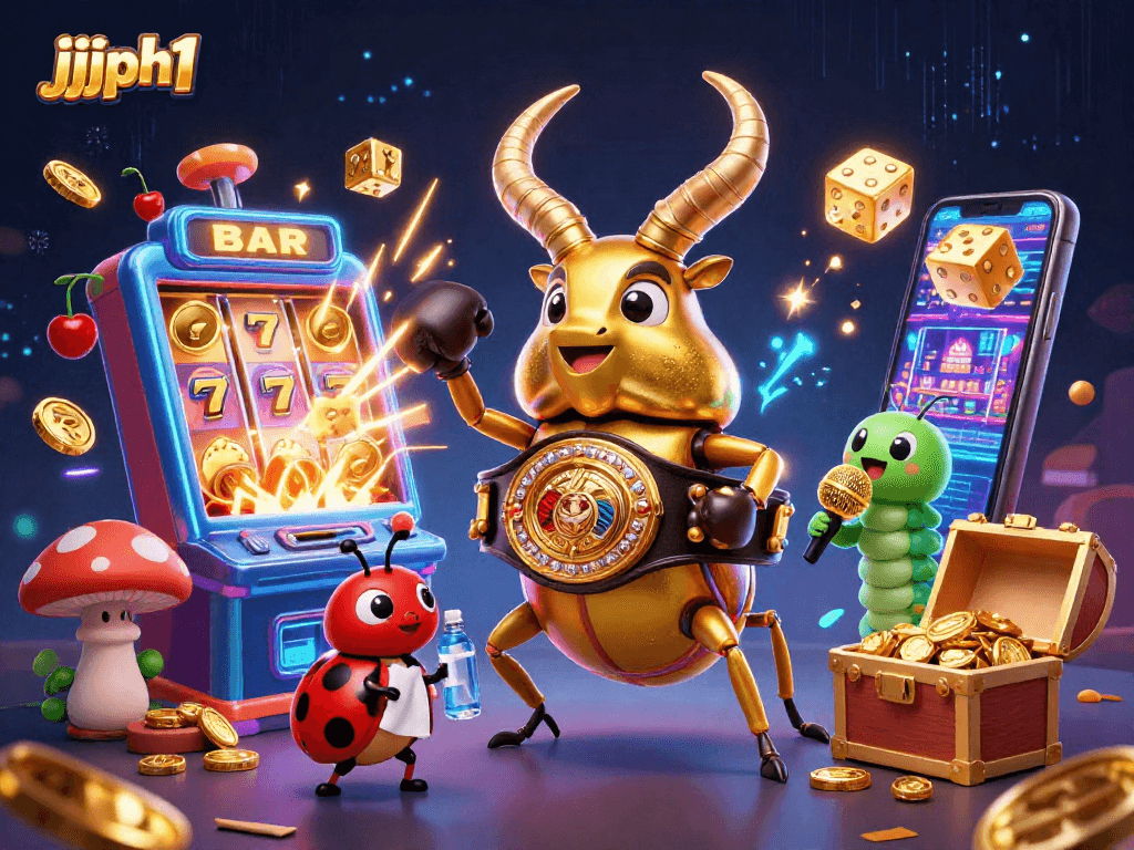Nagsusugal ang jjjph1 habang sumasabog ang jackpot ng mga barya mula sa slot machine at mga makukulay na simbolo.