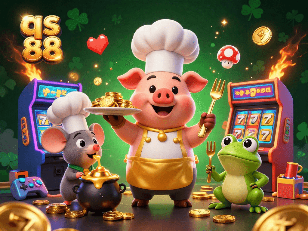 Engage in casino adventures with qs 88 illustrated by a chef pig, a mouse, and a frog surrounded by vibrant gaming elements.