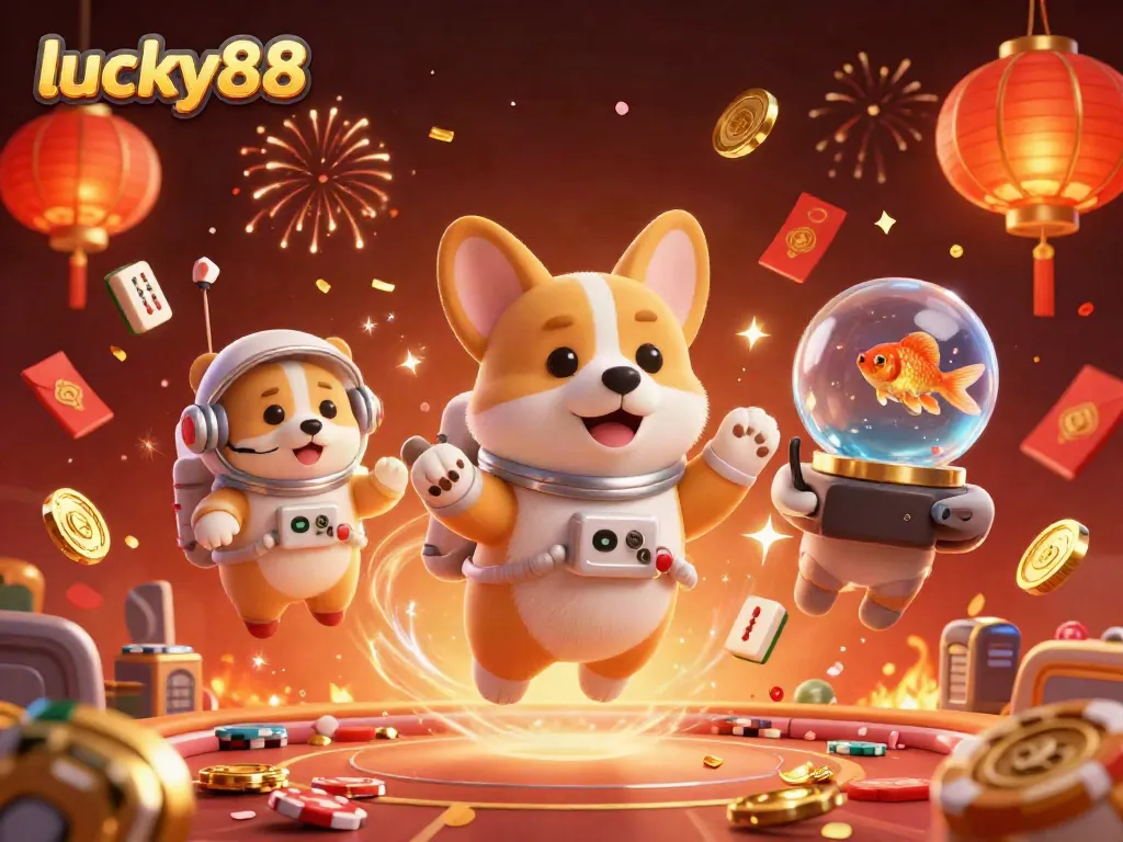 Experience the thrill of lucky88 as a cartoon astronaut corgi navigates a space station casino with golden coins and festive elements.