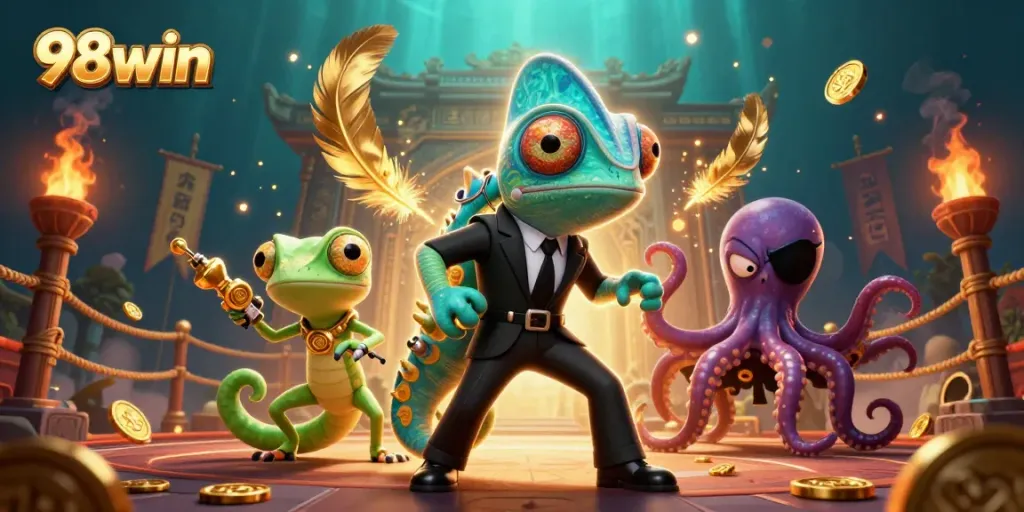 A 98win casino-themed illustration featuring a colorful chameleon, a gadget-gecko, and a villainous octopus in a dynamic scene, surrounded by golden game elements.