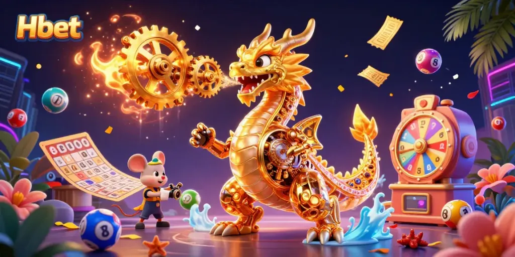 Experience thrilling action at Hbet with a vibrant dragon, golden gears, and lottery excitement!