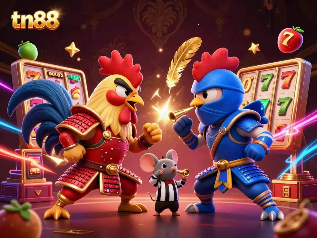 Experience thrilling slot action with tn88 featuring samurai and ninja roosters in a dynamic standoff.