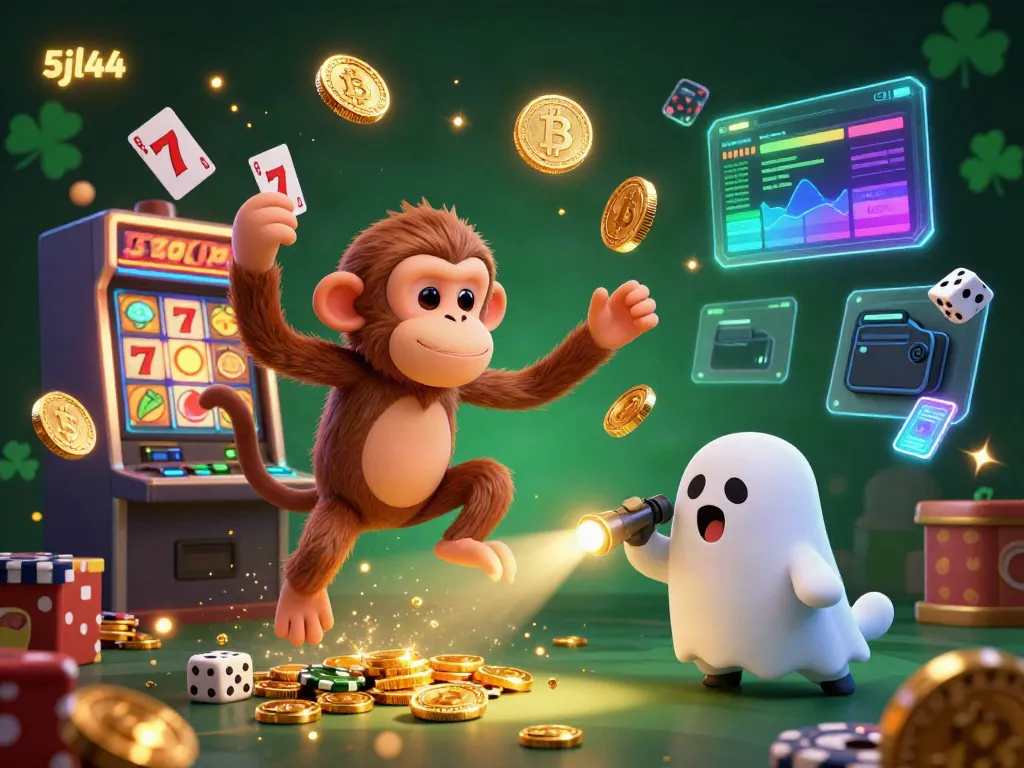 Experience thrilling casino action with 5jl44's captivating 3D illustration of a ghostly monkey juggling coins and a curious puppy.