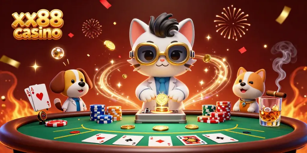 Engaging scene depicting a 3D cartoon scientist cat and dog in a casino environment, illustrating xx88 casino gaming excitement.