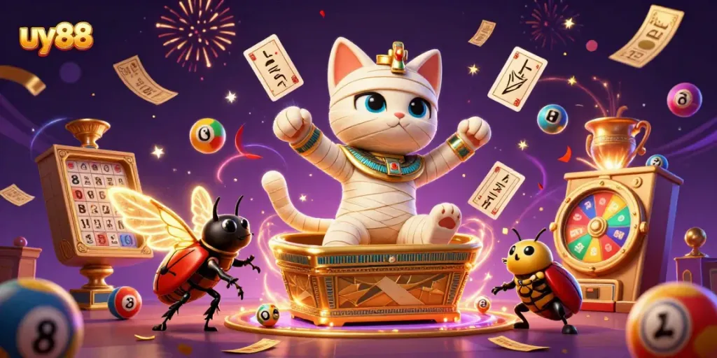 Experience the excitement of uy88 with an Egyptian mummy cat and lottery elements in a vibrant casino scene.