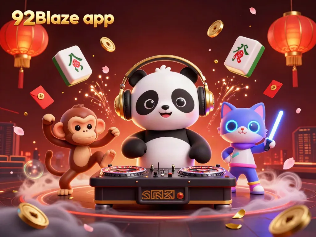 Experience fun with the 92Blaze app through vibrant casino-themed characters and rewards.