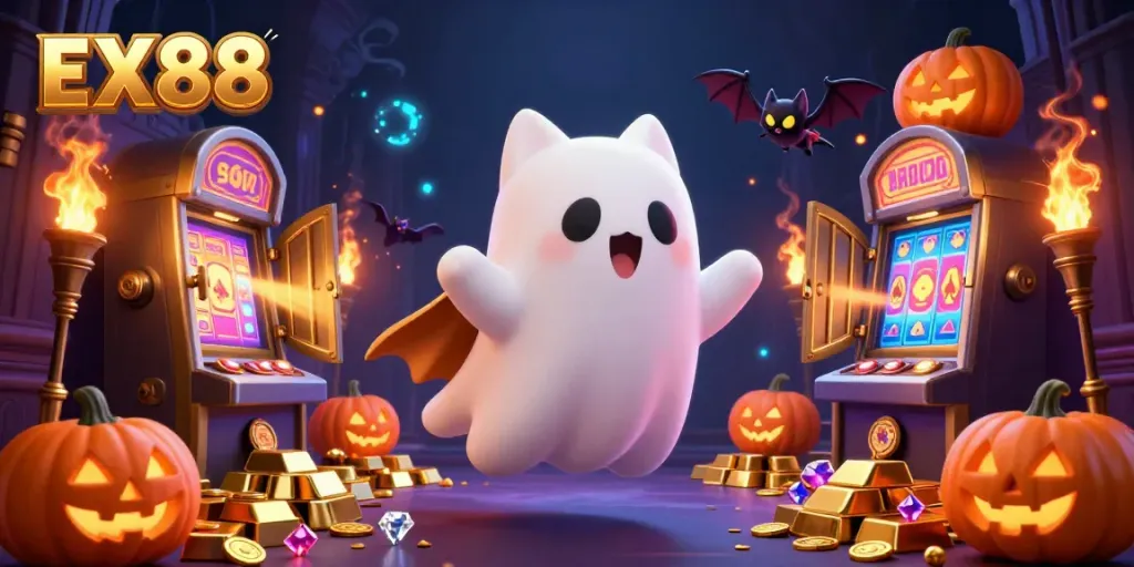 Experience endless fun at EX88 with a lively 3D illustration of a ghost cat and vampire bat in a treasure-filled casino.
