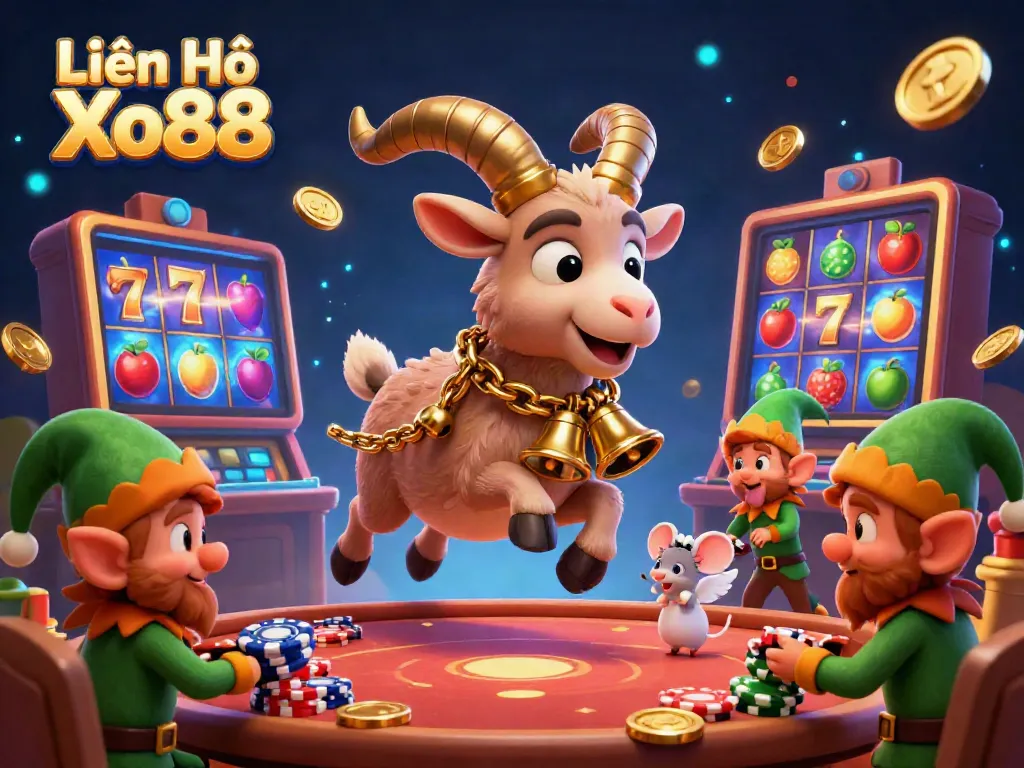 Engage with Liên Hệ Xo88 at an exciting casino scene with lively characters and colorful slot machines.