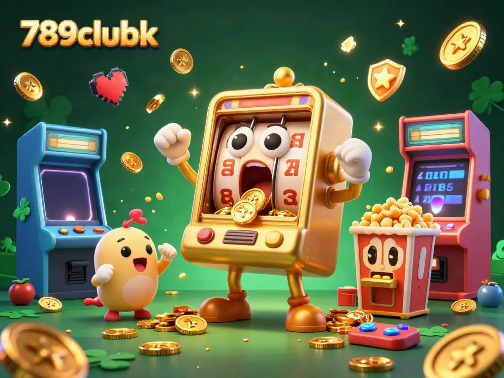 Experience the thrill of 789clubk with a golden slot machine hitting a jackpot, surrounded by cheering baby slots and arcade elements.
