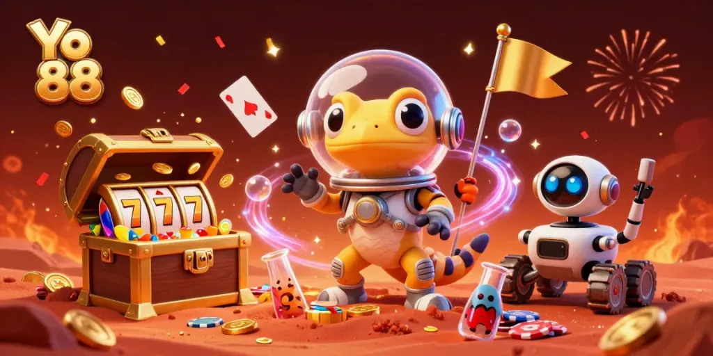 Experience thrilling moments with Yo 88 at a golden casino in a vibrant alien scene filled with treasures.