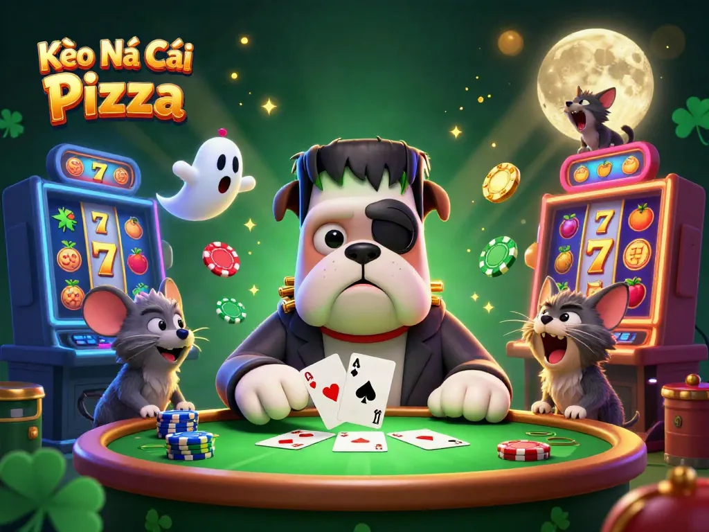 Kèo Nhà Cái Pizza showcases cartoon characters in a vibrant casino scene of poker and slots.