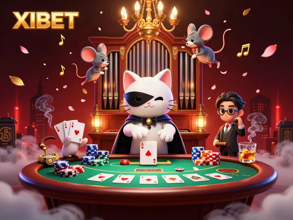 XIBET offers a captivating casino experience with a dynamic scene featuring a whimsical white cat and acrobatic mouse surrounded by poker elements.