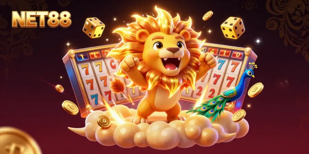 Experience thrilling gameplay at NET88 with vibrant slots and golden coins in an engaging casino scene.