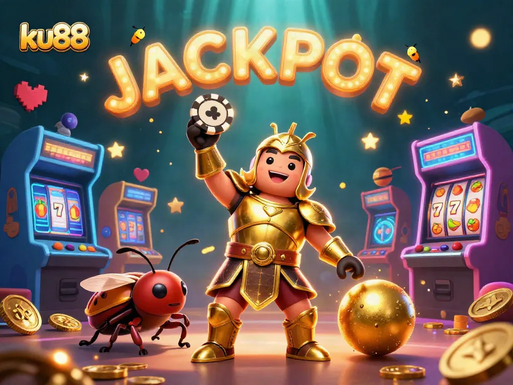 ku88 celebrates wins with a golden beetle lifting a poker chip amidst a colorful gambling world.