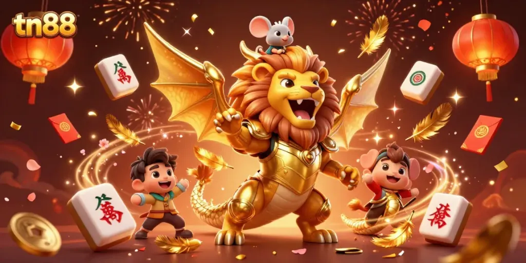 Experience tn88's thrilling casino adventures with a majestic chimera and energetic decorations.