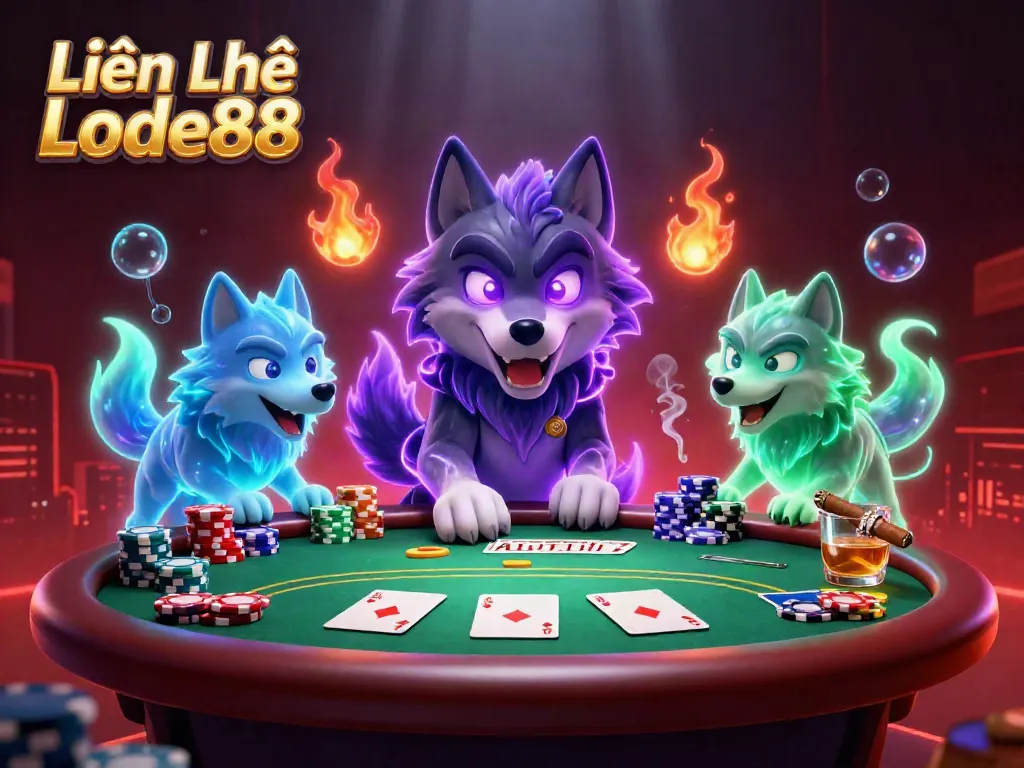 Experience fast support with Liên Hệ Lode88 in a vivid poker scene featuring glowing wolf leaders.