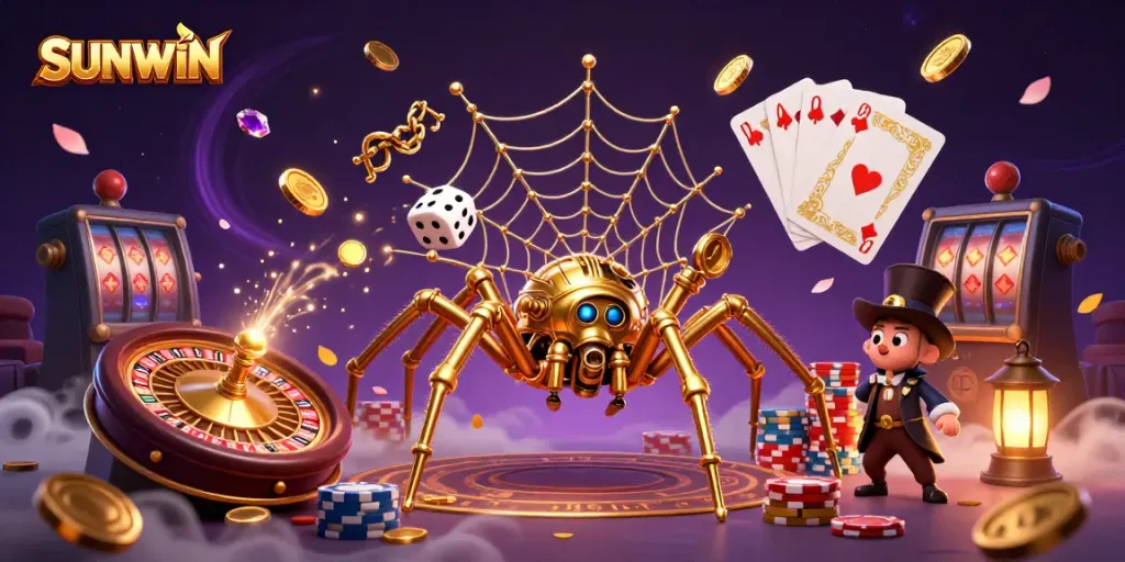 Experience SUNWIN's thrilling casino adventure with a golden steampunk spider and lucky gems.