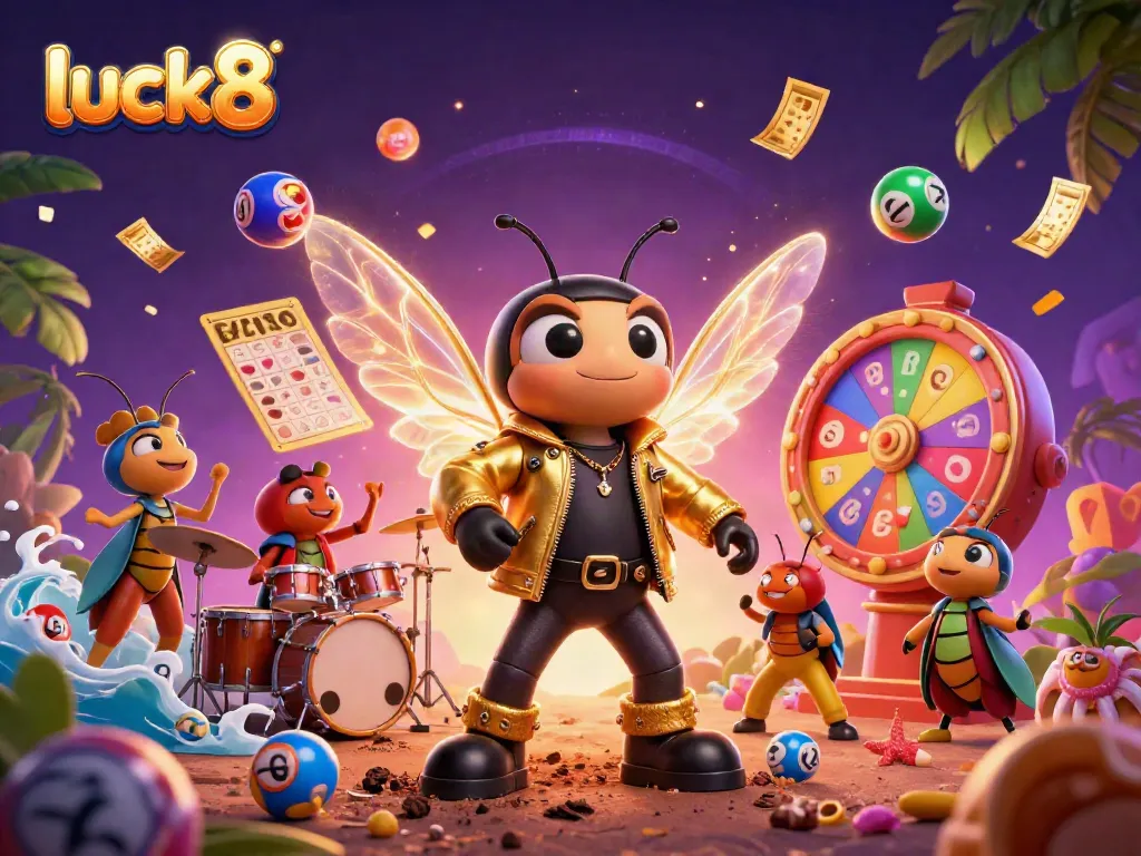 Win big with luck8 as a vibrant scene of cartoon characters celebrates in a dynamic casino atmosphere.