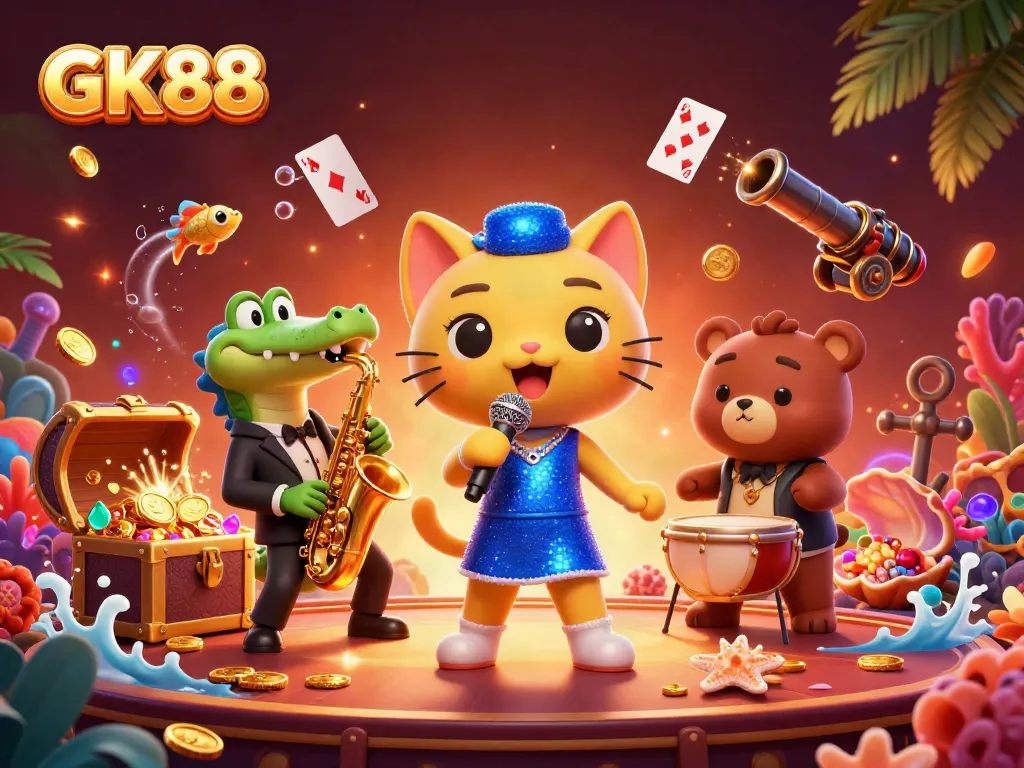 GK88 gambling cats perform on stage amid colorful casino elements, ensuring a vibrant atmosphere.