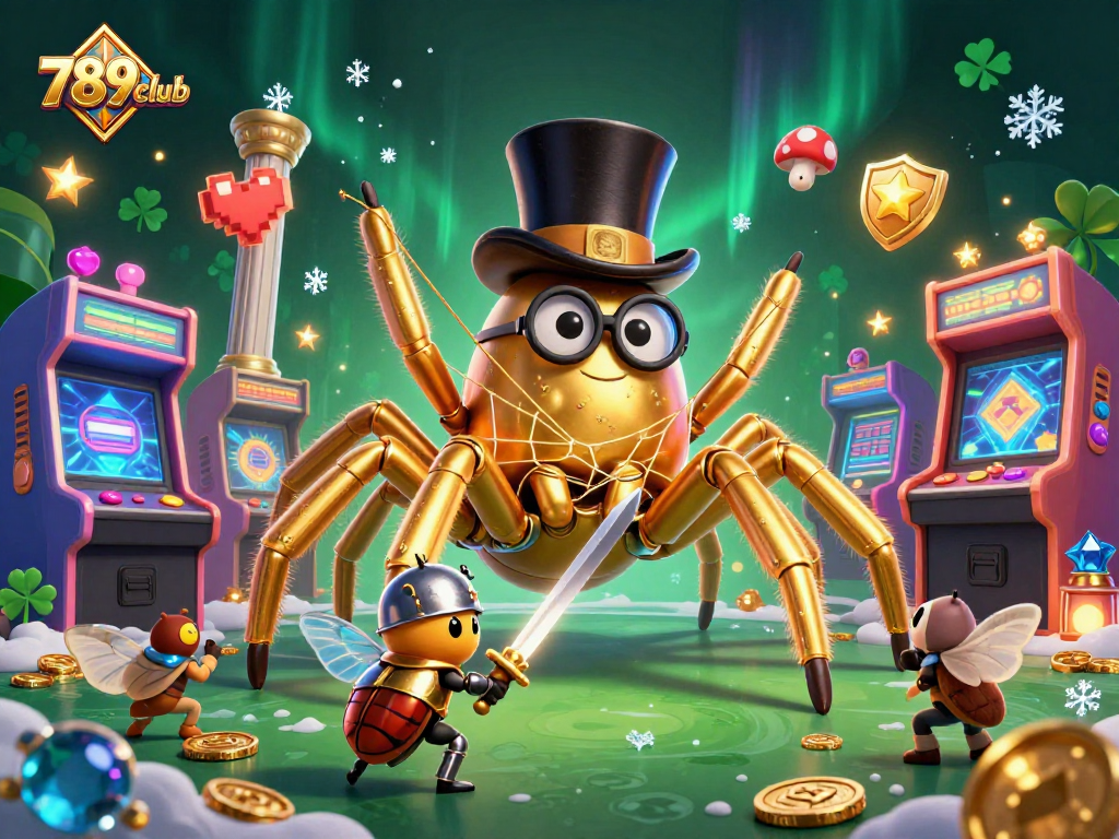 Engage with the vibrant world of 789club featuring a whimsical golden tarantula under casino pillars.
