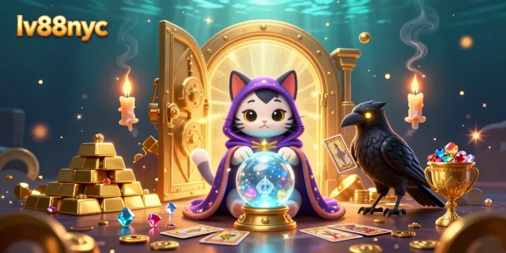 Experience the magic of lv88nyc with a mystical scene showcasing a fortune teller cat and tarot raven amidst gold treasures.