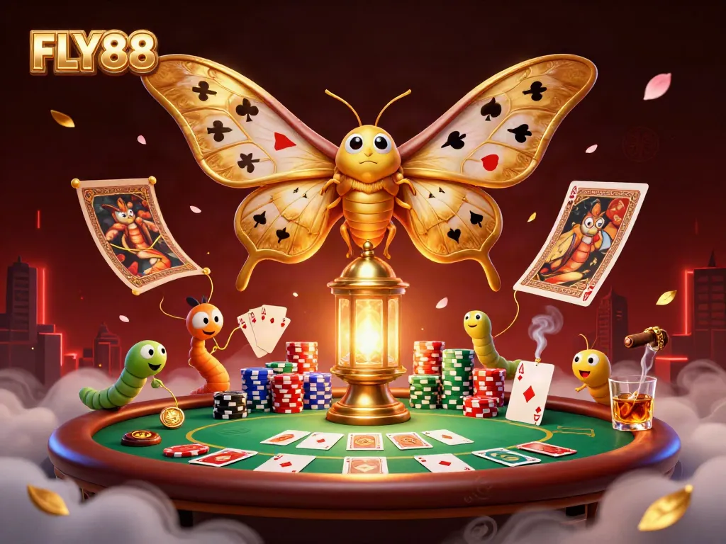 Engage with FLY88's vibrant casino scene featuring golden moths and poker elements.