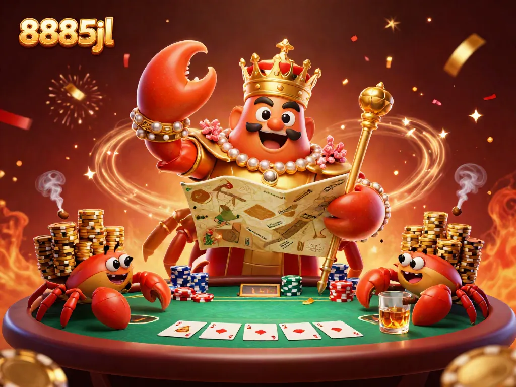 Experience thrilling action at 8885jl with a cartoon crab emperor amidst poker excitement.