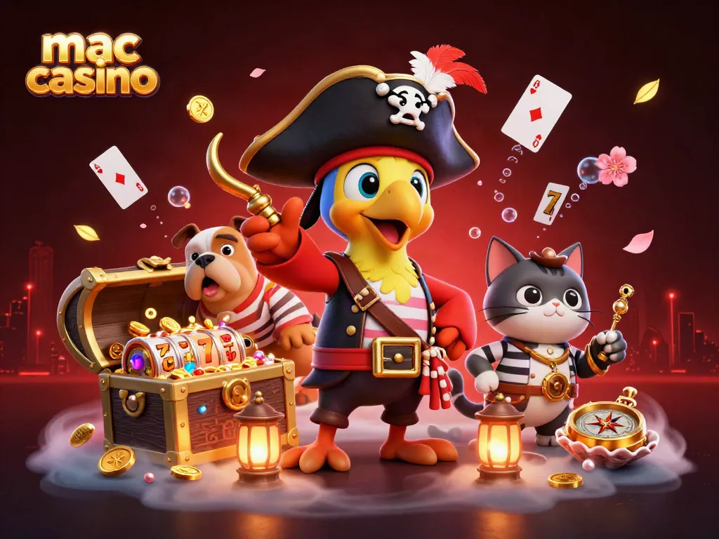 Engaging mac casino scene with a pirate parrot, bulldog, and ship cat amid vibrant game elements.