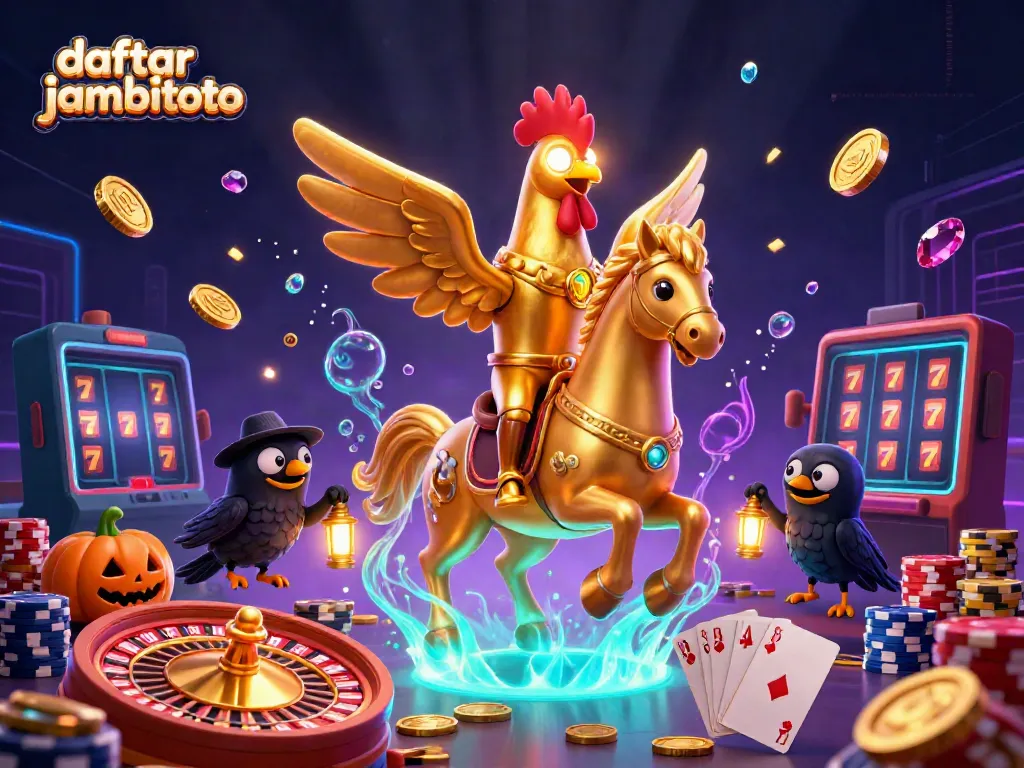 Join the excitement of daftar jambitoto with a vibrant 3D illustration of a golden rooster in a casino.