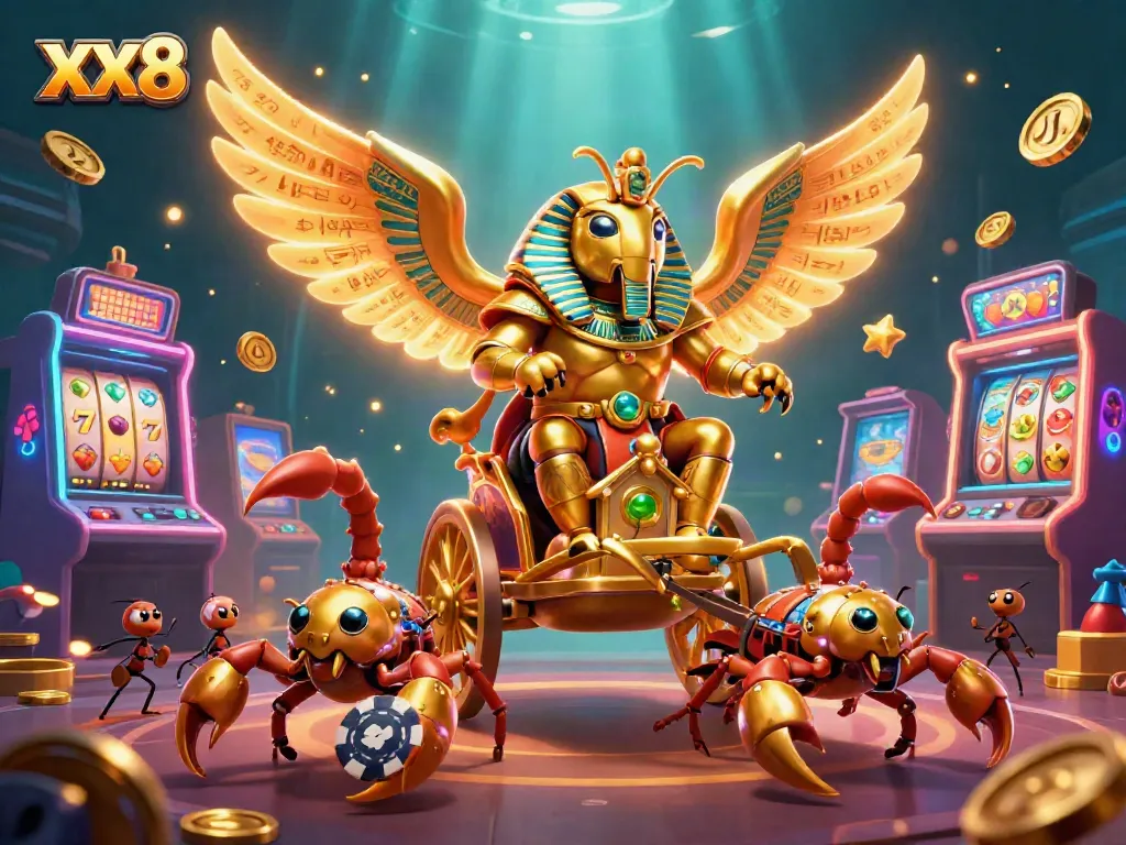 Experience thrilling slots action with the XX8 scarab-themed chariot and vibrant casino elements.