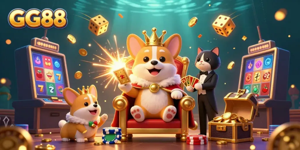 Experience the excitement of GG88 with a vibrant casino-themed 3D illustration featuring corgis and dynamic gaming elements.