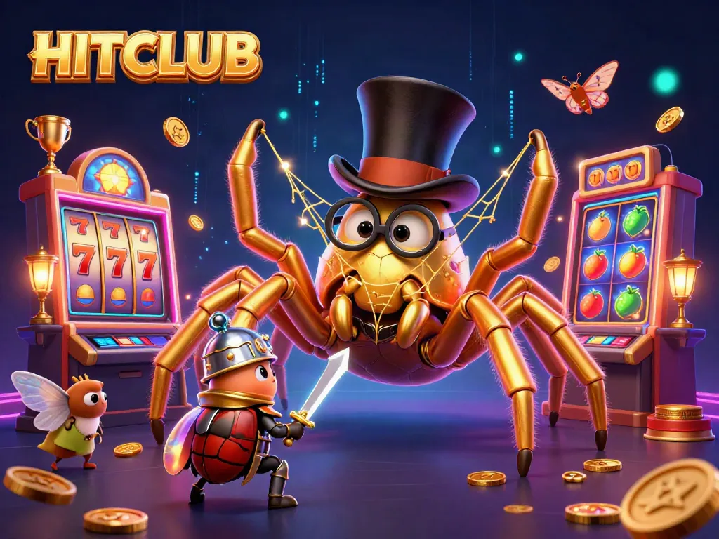 Engage with HITCLUB's thrilling slots illustrated with vibrant 3D characters and dynamic casino game elements.