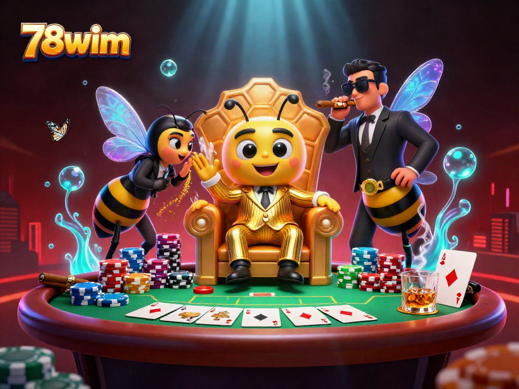 Engage with 78wim's vibrant casino scene featuring a bumblebee mob boss and poker elements.