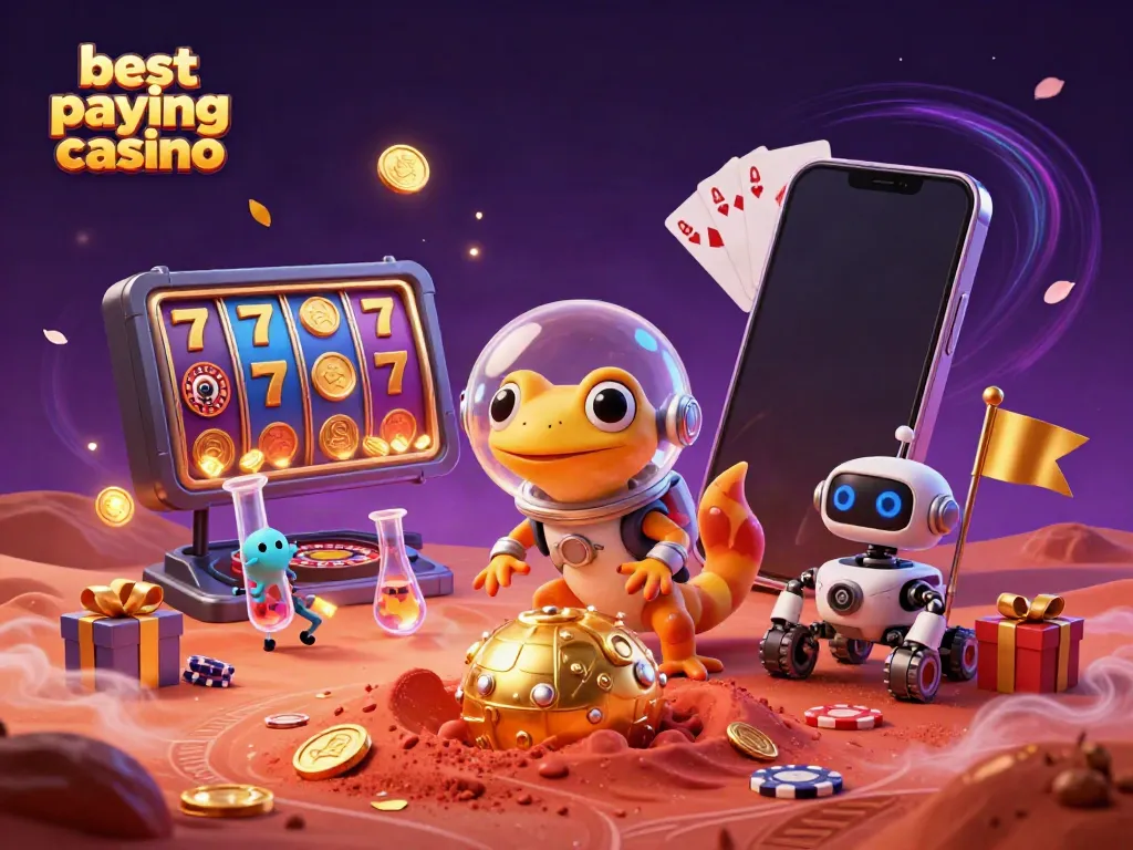 Experience the thrill of the best paying online casino with a Martian gecko discovering a golden casino, surrounded by slot games and golden coins.