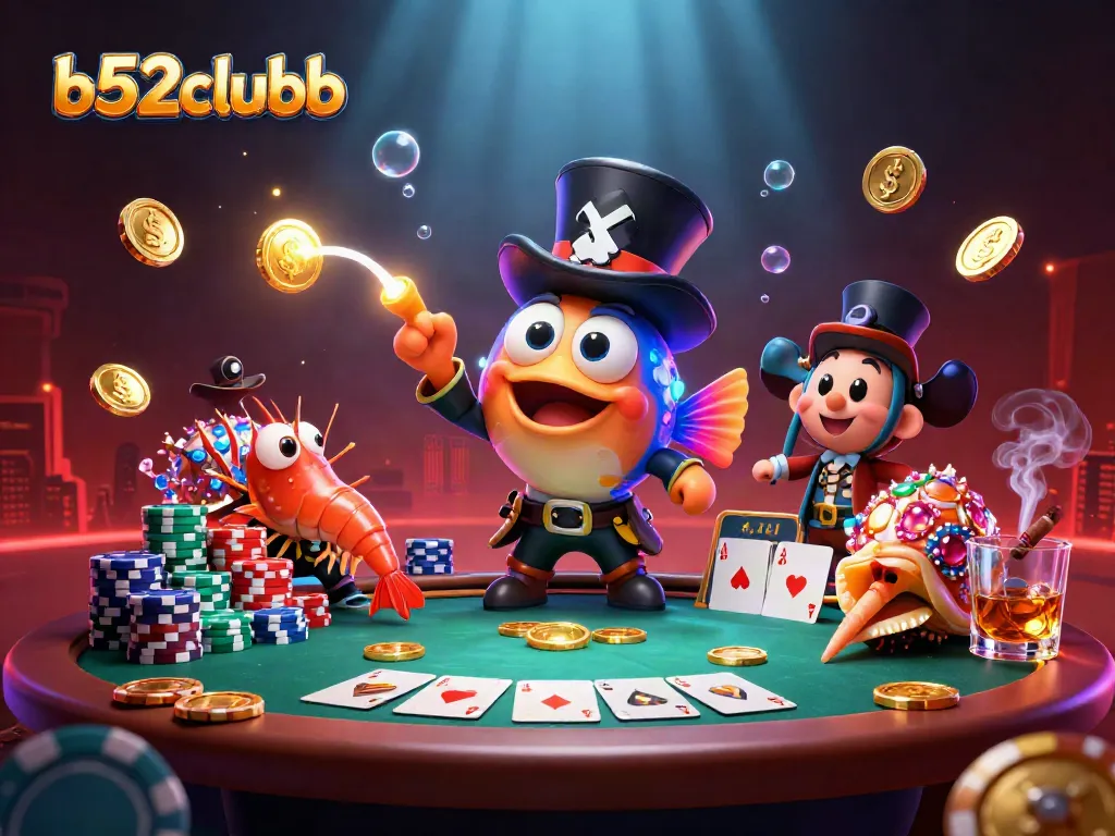 B52clubb brings excitement with a glowing anglerfish and pirate shrimp at a poker setup.