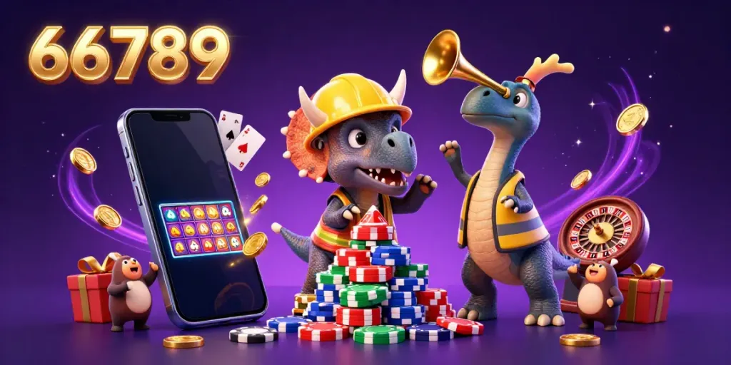 Engage with 66789 while watching a triceratops build poker chip pyramids in a vibrant casino scene.