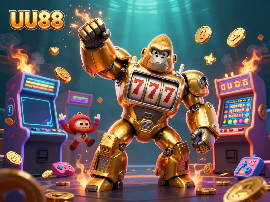 Experience thrilling gameplay at UU88 with a dynamic golden gorilla mech and exciting casino elements.