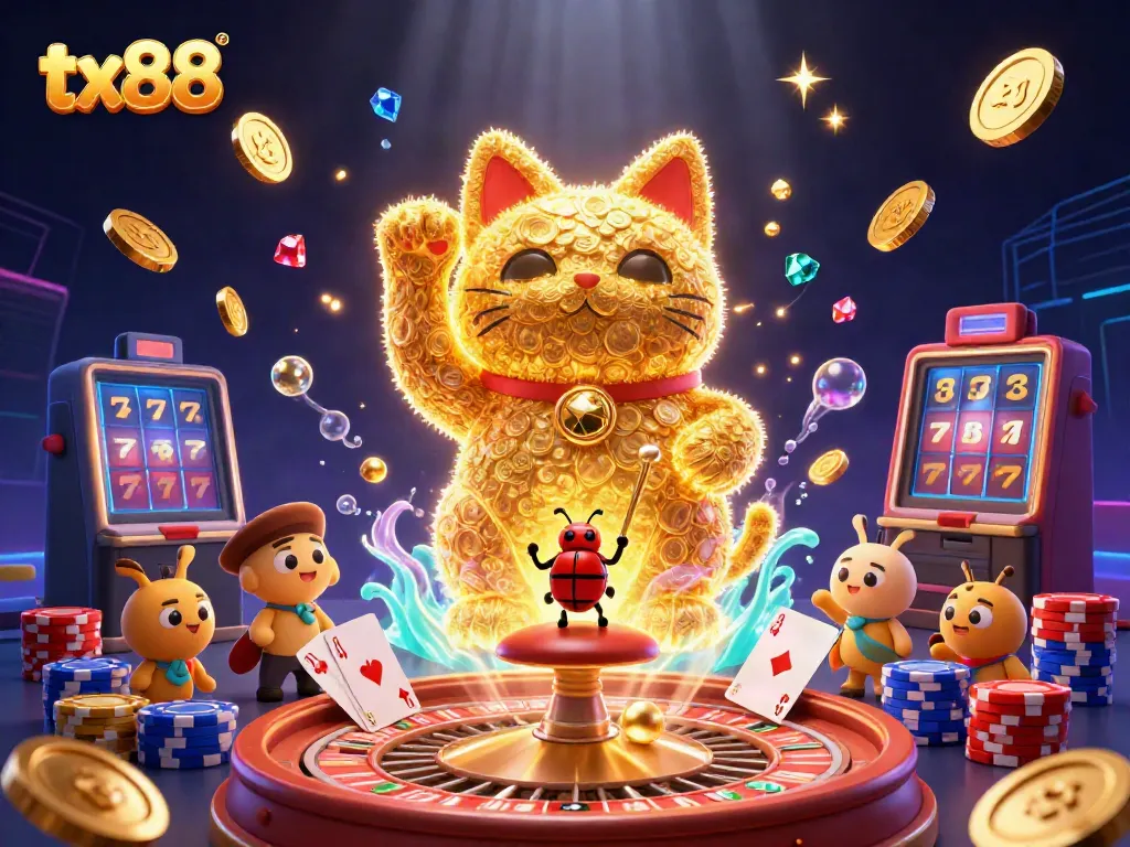 Experience tx88's casino magic with a playful lucky cat formed by golden fireflies amidst vibrant gaming elements.
