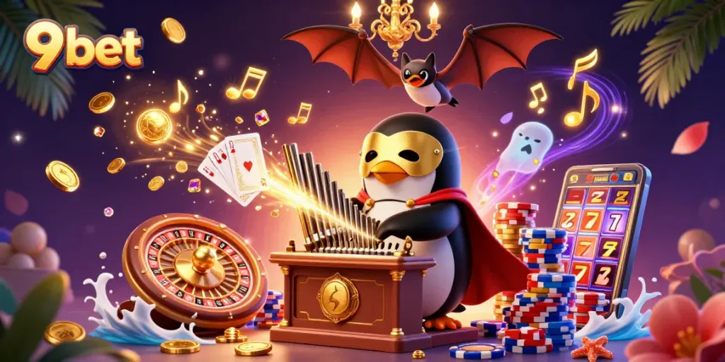 Experience the excitement of 9 bet with vibrant casino elements and dynamic characters in an enthralling 3D scene.
