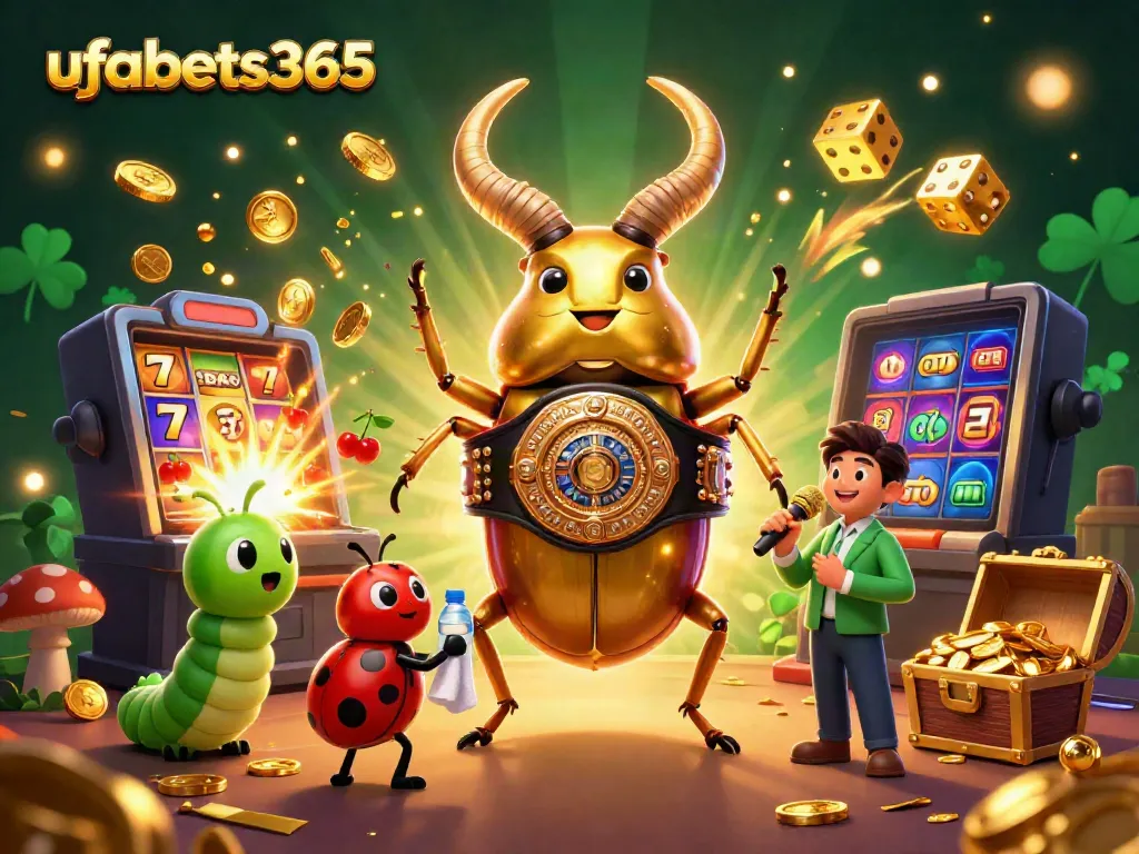 Experience the excitement of ufabets365 with a captivating golden stag beetle champion, vibrant slots, and casino elements.