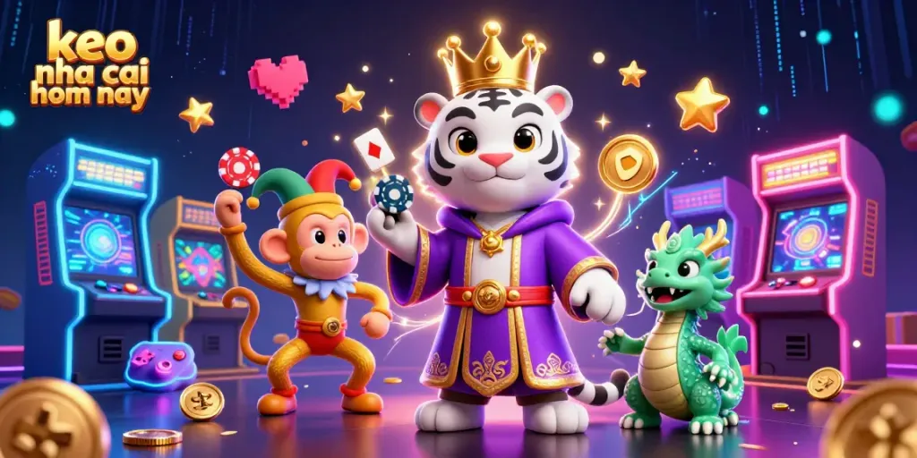Bet big with keo nha cai hom nay in a vibrant 3D casino scene featuring a royal tiger and playful monkey.