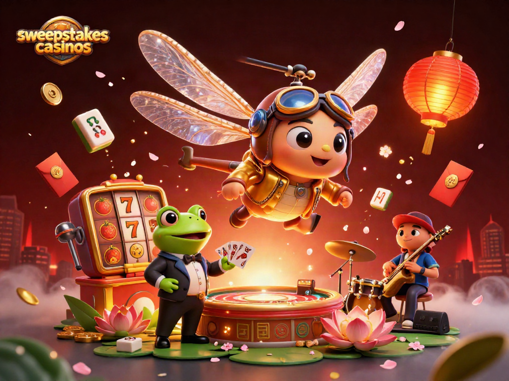 Engage with sweepstakes casinos through a vibrant 3D digital artwork featuring playful characters and dynamic game elements.
